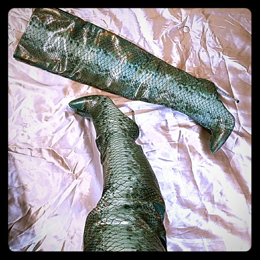 Simmi green faux snakeskin thigh high boots
